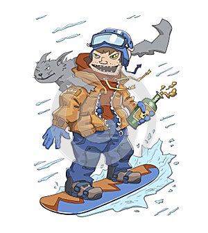 Funny guy with a bottle of booze and a cat on his shoulder riding on a snowboard. Monster of snowboarding, crazy rider photo