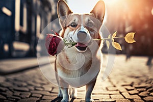Funny welsh corgi dog with a flower in his mouth, Generative AI