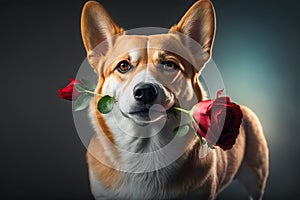 Funny welsh corgi dog with a flower in his mouth, Generative AI