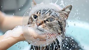 Funny wet cat gets a bath from a girl, a playful scene filled with feline antics, Ai Generated