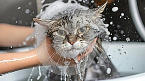 Funny wet cat gets a bath from a girl, a playful scene filled with feline antics, Ai Generated