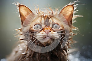 Funny wet cat portrait. Generative AI