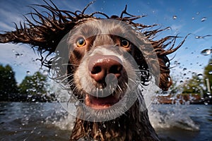 Funny wet dog portrait. Generative AI