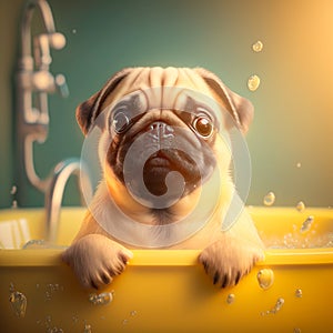 Funny wet pug puppy bathes in a yellow bath on a blue background, generative ai