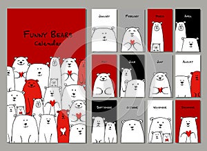 Funny white bears family. Design calendar 2018