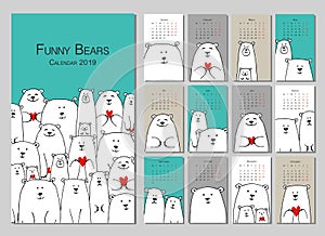 Funny white bears family. Design calendar 2019