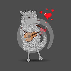 Funny white cartoon fluffy dog playing a guitar singing about love