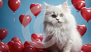 Funny white cat sits among red air balloons on light blue background. Festive concept Valentine\'s day with pet