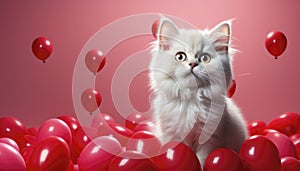 Funny white cat sits among red air balloons on pink background. Festive concept with pet