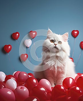 Funny white cat sits among red and pink air balloons on light blue background. Festive concept Valentine\'s day with pet