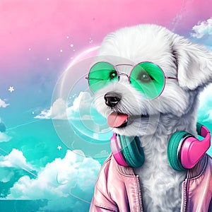 Funny white dog listening to music with headphones.