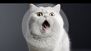 funny white fat cat, shout with shocked expression. Generative AI