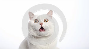 funny white fat cat, shout with shocked expression. Generative AI