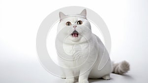 funny white fat cat, shout with shocked expression. Generative AI