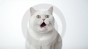 funny white fat cat, shout with shocked expression. Generative AI