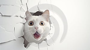 funny white fat cat, shout with shocked expression, out from cracked. Generative AI
