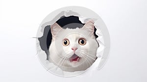 funny white fat cat, shout with shocked expression, out from cracked. Generative AI