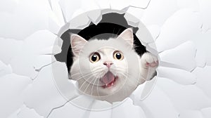 funny white fat cat, shout with shocked expression, out from cracked. Generative AI