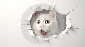 funny white fat cat, shout with shocked expression, out from cracked. Generative AI