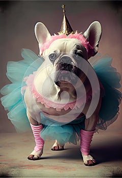 Funny white French bulldog dog dressed in a tutu and with a unicorn horn on his head.