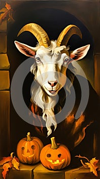 Funny white goat with goatie and lightened jack o\'lanterns