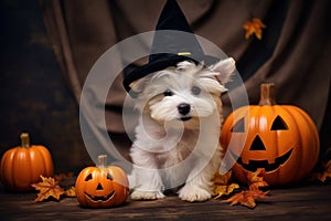 Funny white little dog in a hat sitting next to a pumpkin, Halloween, thanksgiving concept