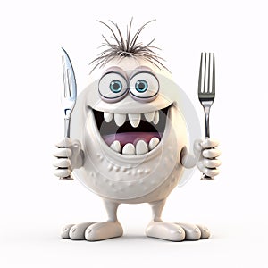 Funny white monster cartoon character holding cutlery isolated on transparent background