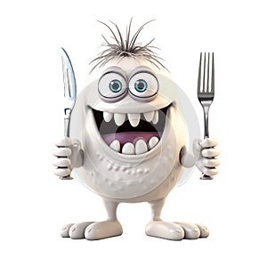 Funny white monster cartoon character holding a fork and knife isolated on transparent background