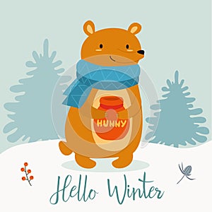 Funny winter card with cartoon bear and honey. Vector illustration with text. New Year`s poster.
