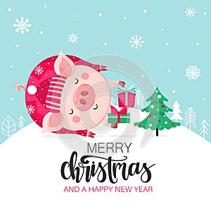 Funny winter holiday card with pig