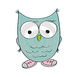 Funny wise owl wearing shoes - original hand drawn illustration