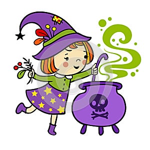 Funny witch is cooking something poisonous in her cauldron on a white background.