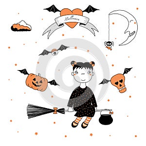 Funny witch, flying pumpkin and skull illustration