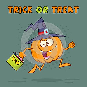 Funny Witch Pumpkin Cartoon Character Running With A Halloween Candy Basket