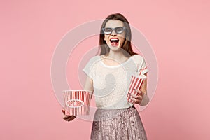 Funny woman in 3d imax glasses posing isolated on pink background. People sincere emotions in cinema, lifestyle concept