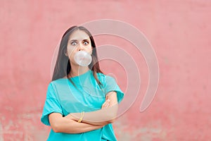 Funny Woman Blowing Bubble with Chewing Gum