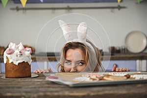 Funny woman in bunny ears headband