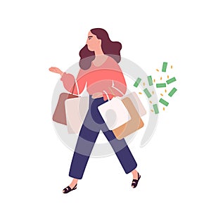 Funny woman carrying bags with purchases. Concept of shopping addiction, shopaholic behavior. Mental illness, behavioral