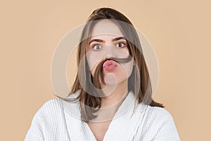 Funny woman with hair moustaches. Hairstyle, hairdressing concept.