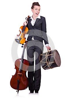 Funny woman playing violin isolated