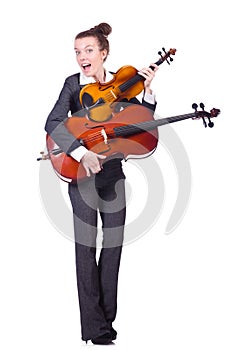 Funny woman playing violin isolated
