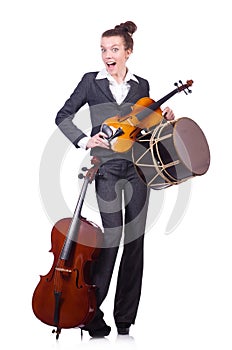 Funny woman playing violin isolated