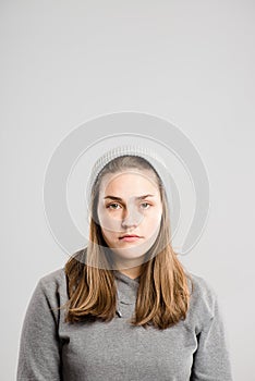 Funny woman portrait real people high definition grey background