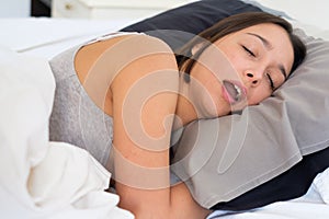 Funny woman portrait snoring and sleeping