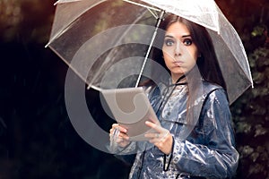 Funny Woman with Raincoat and Umbrella Holding Pc Tablet