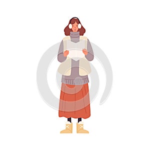 Funny woman in warm outerwear singing Christmas carol vector flat illustration. Cute female wearing fur earmuffs