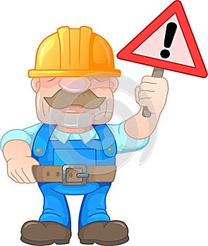 Funny worker warns of a malfunction, funny illustration