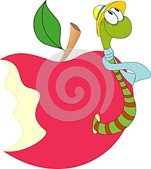 Funny worm and apple