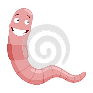 Funny worm laughs. Pink crawler amazemented. Earth worm cartoon character, wildlife nature. Insect for kids illustration photo