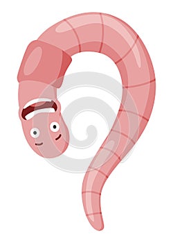 Funny worm. Pink crawler scared. Earth worm cartoon character, wildlife nature. Insect for kids illustration
